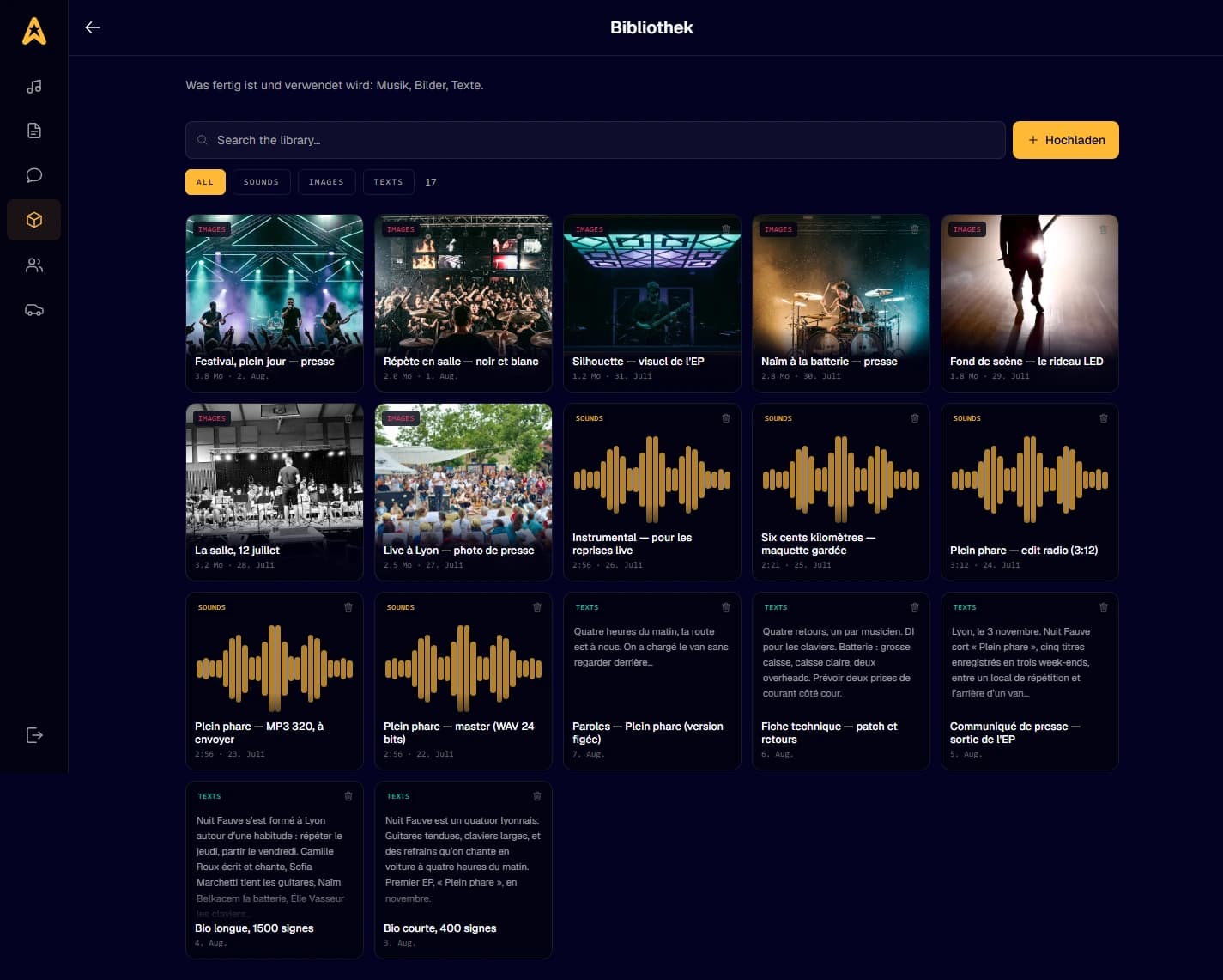 The Studio library: masters, MP3s, photos, bio and tech rider