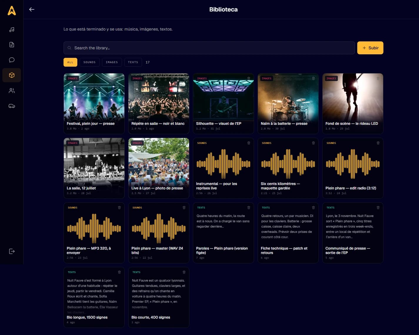 The Studio library: masters, MP3s, photos, bio and tech rider