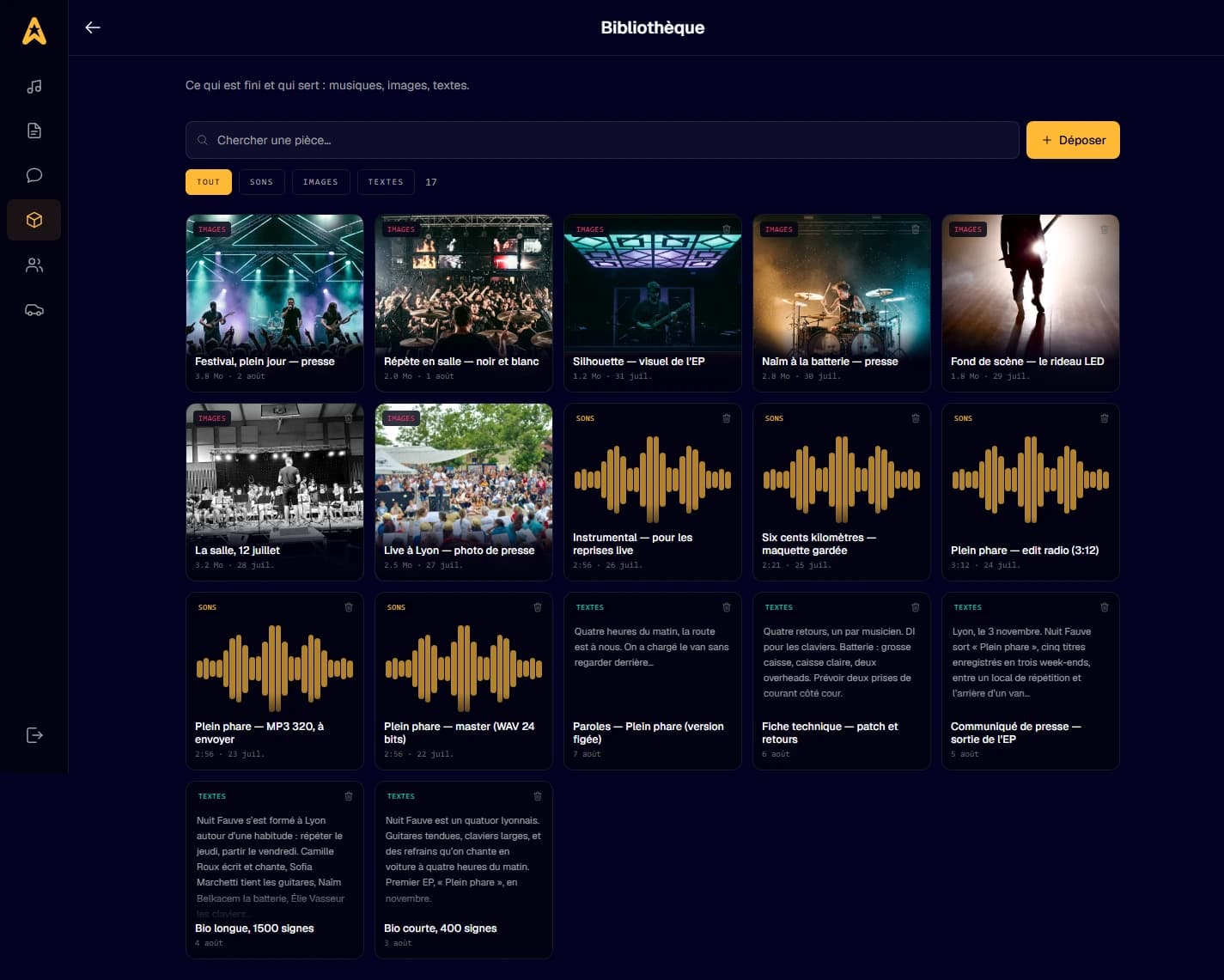 La bibliothèque du Studio : masters, MP3, photos, bio et fiche technique