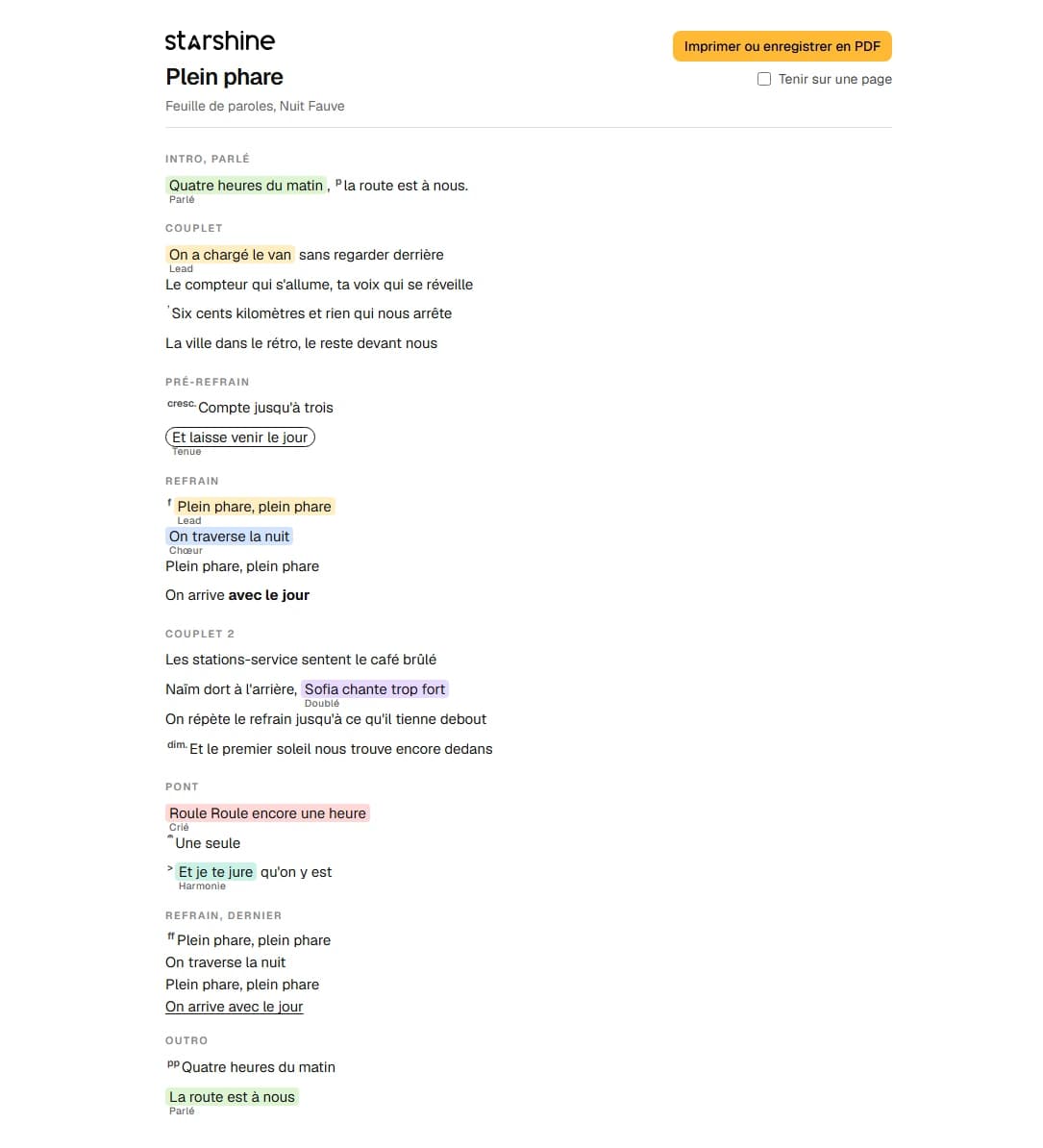 La feuille de paroles, prête à imprimer
