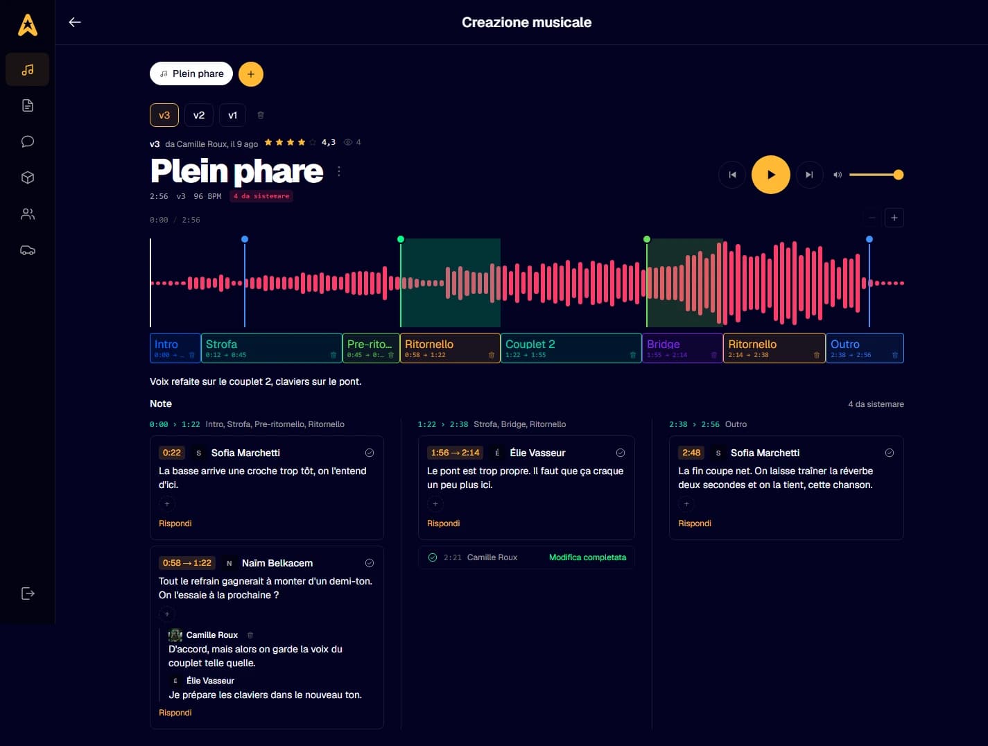 A track in the Studio: the waveform, its parts and the notes pinned on it