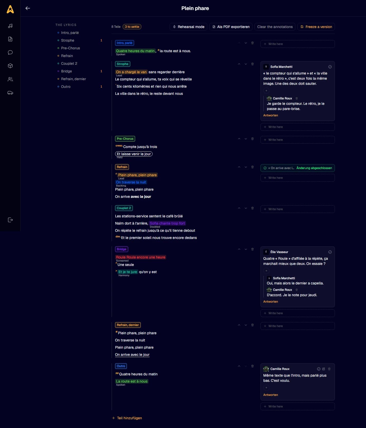 Annotated lyrics in the Studio, with singing marks and dynamics