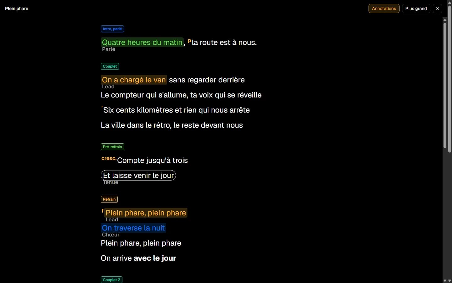 Le mode répète, le texte en plein écran